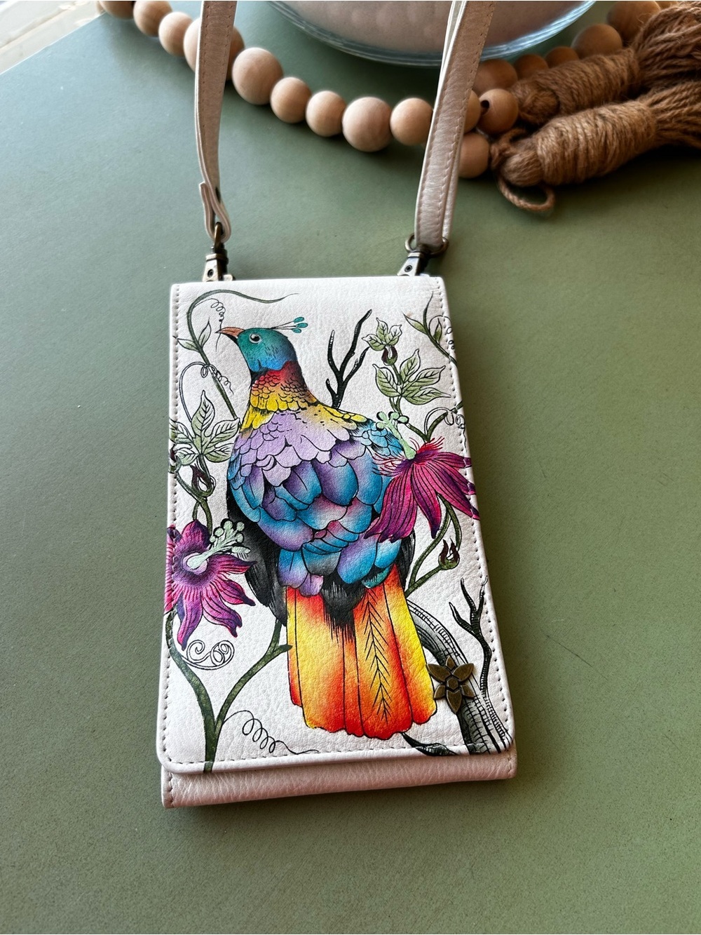 Anuschka Hand-Painted Leather Bird Smartphone Crossbody Wallet Purse